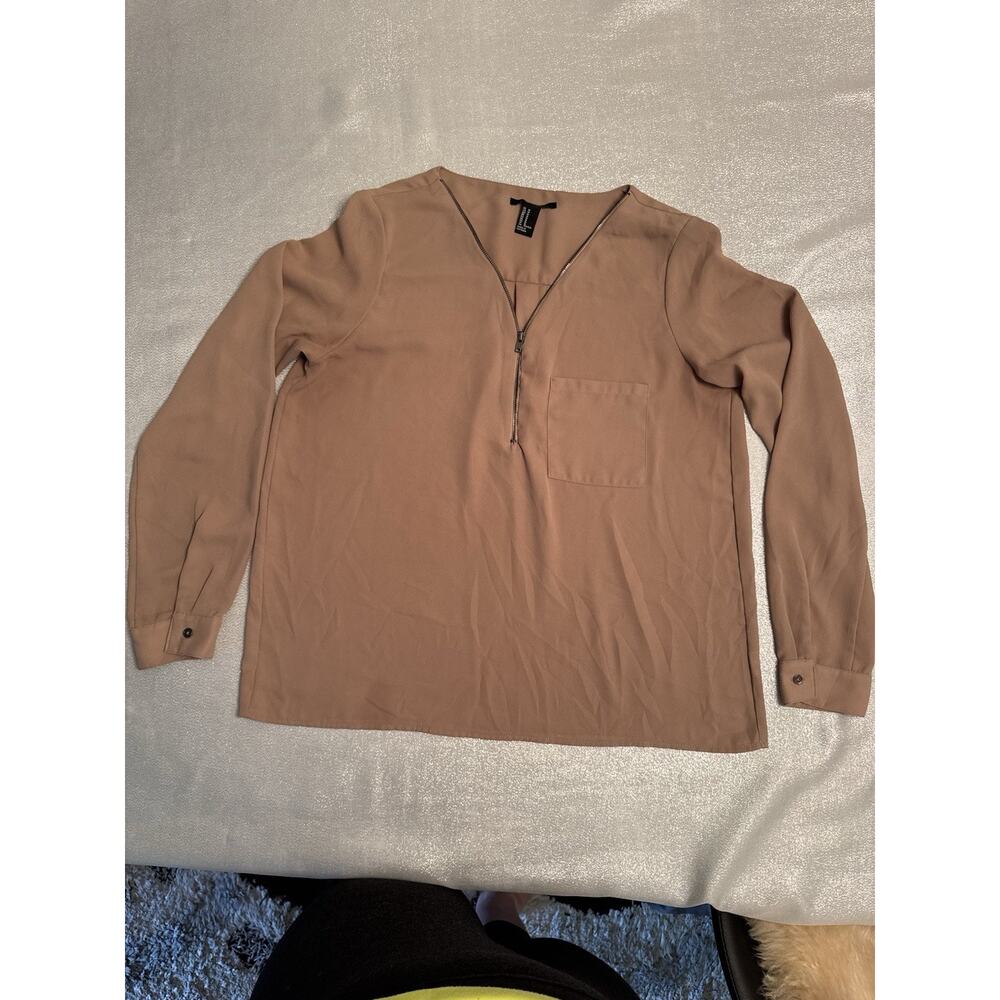 Forever 21 Tan Beige Blouse Work Career Zipper Women's Medium